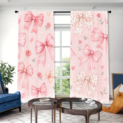 2PCS Cute Bow Pattern Thin Light Filtering Curtain with Pink Roses Hearts Design, Whimsical Spring Decor, Easy Hang Rod Pocket Design, All-Season Curtains for Home Living Room Bedroom Dormitory Decoration