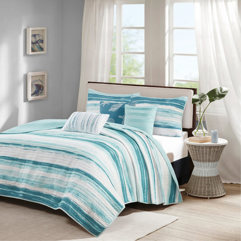 Ensemble de courtepointe 6 pièces avec coussins décoratifs imprimés, turquoise, pleine grandeur, Vert