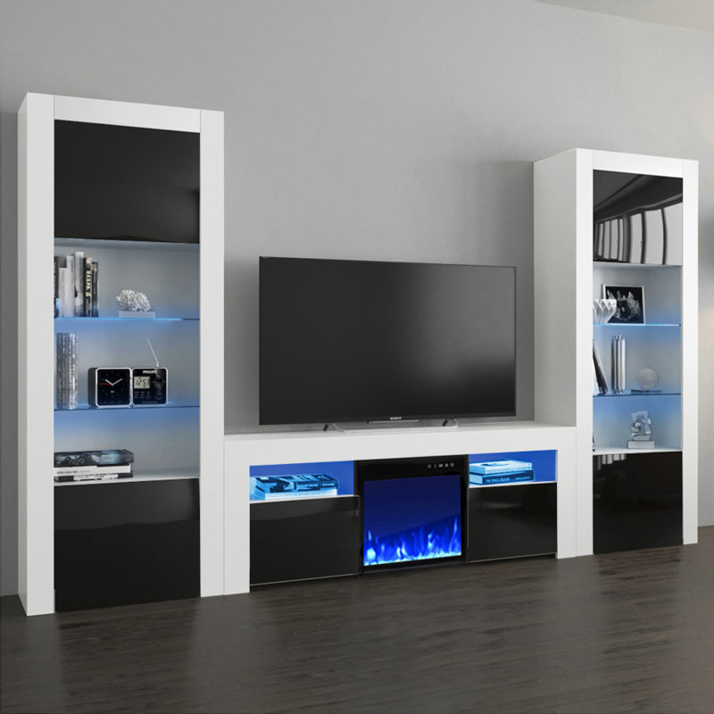 Earle Modern Entertainment Center for TVs up to 65" with Electric Fireplace Included, White/Black