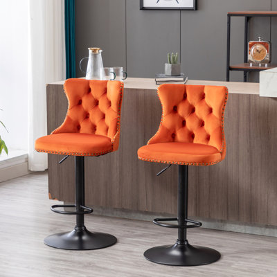 2 tabourets de bar 2 pièces en velours orange - siège réglable de 25 à 33 po, base de 17,7 po, dossier pour le confort, pub à la maison et îlot de cuisine de 2 personnes, siège 25, 33 po, 17,7 po