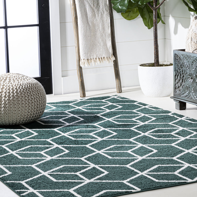 Mashawna Blocks Modern Geometric Green/White Rug, Rectangle 7'9" x 10'