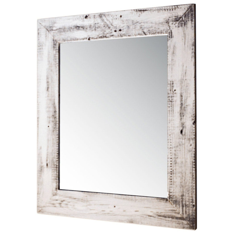 Cy Solid Wood Flat Wall Mirror, 26" H x 22" W, Whitewash