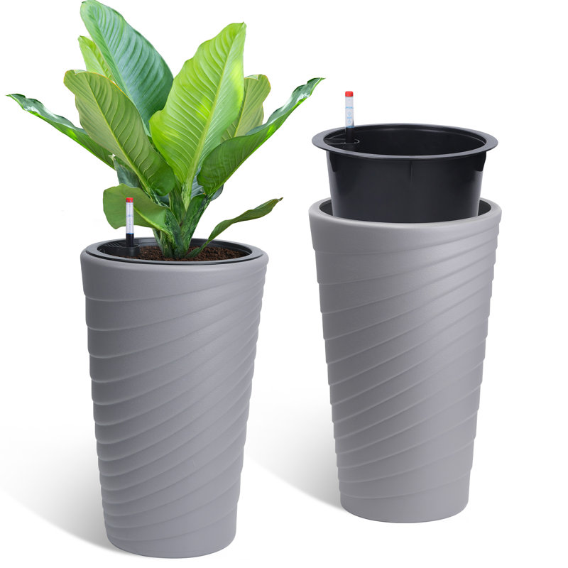 2-Pack 16 Inch Tall Self Watering Plant Pots - Built-in Water Level Monitor & Multi Drainage Holes, No Overwatering Indoor Outdoor Flower Planters