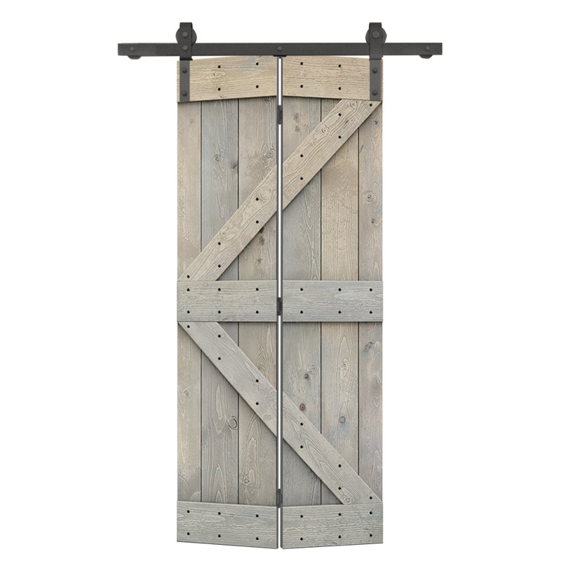 Porte de grange en bois pré-assemblée et pliante en deux parties avec quincaillerie coulissante, Gris fumée, 38 po x 84 po