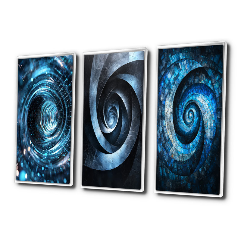 Noir, bleu, fractale, trou noir I, collection de 3 grands panneaux muraux vert et vert, H 28 po x l 36 po, Blanc