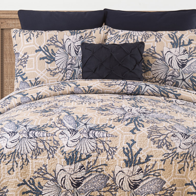 Indigo Sound Cotton Reversible Coastal Quilt Set, Queen Quilt + 2 Shams