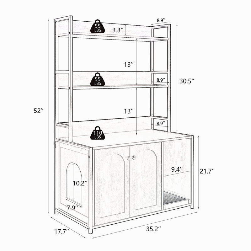 Grand bac à litière pour chat avec rangement, étagère pour chat caché, maison pour chat en bois avec bloc-notes, armoire pour chat robuste avec 2 portes