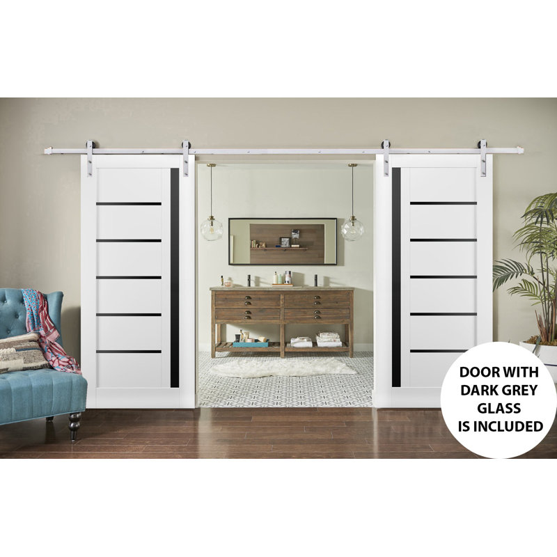 Porte de grange double robuste avec rail Quadro 4588 blanc soie et vitrage noir, supports de rail de 4 m (13 pi), portes intérieures à panneaux pleins et lourds - 183 cm x 213 cm (72 po x 84 po) (2 x 91 cm x 84 po) - Rail argenté - Vitrage noir
