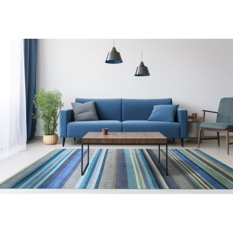 Hand-Knotted Blue Striped Wool 4' x 6' Area Rug
