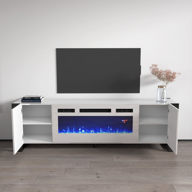 Rickeisha 77.2" Modern TV Stand with Electric Fireplace, High Gloss Finish, Media Storage, White/Black