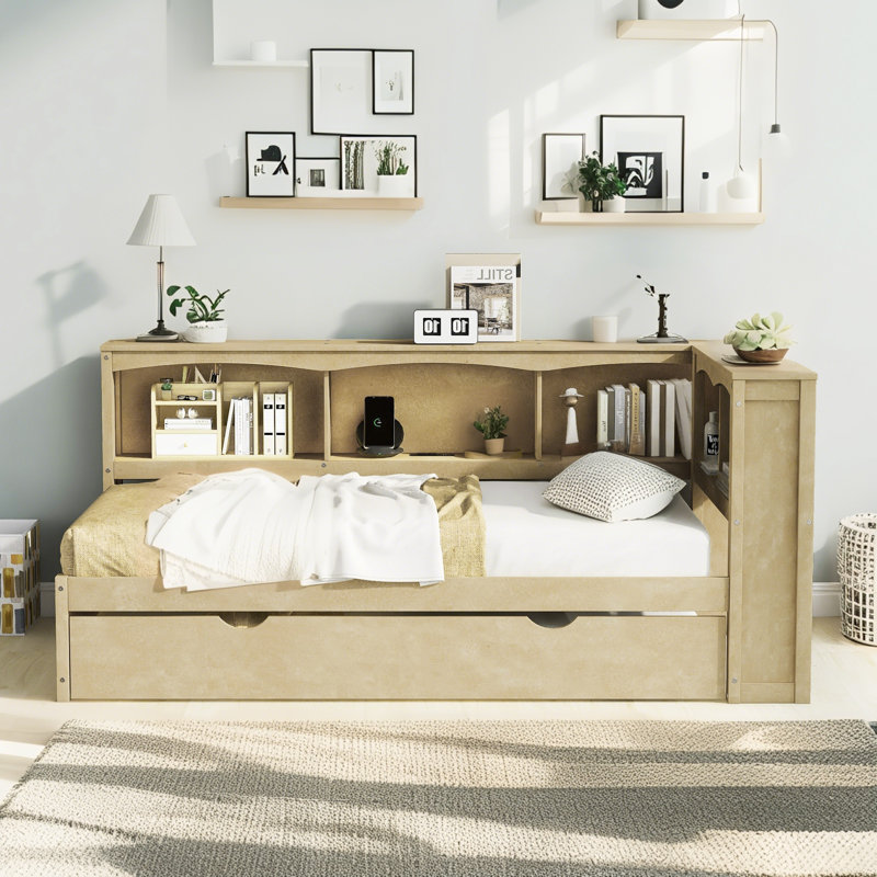 Lit de jour en bois avec couchette, armoires de rangement et ports USB, Naturel