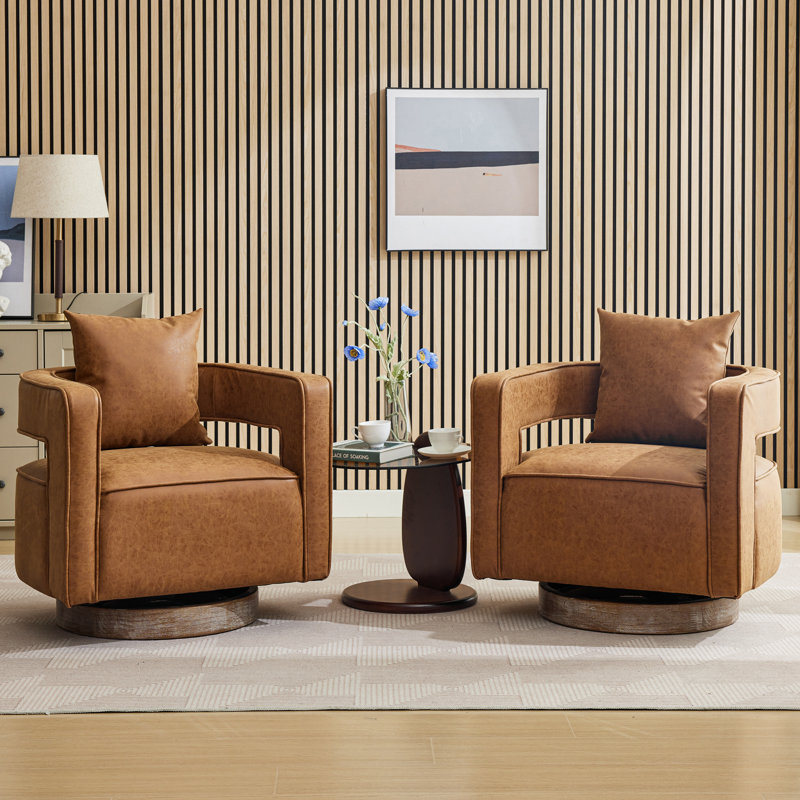 Fauteuil demi-tonneau pivotant à dossier creux en polyester 29,1 po de largeur avec base en bois (ensemble de 2)