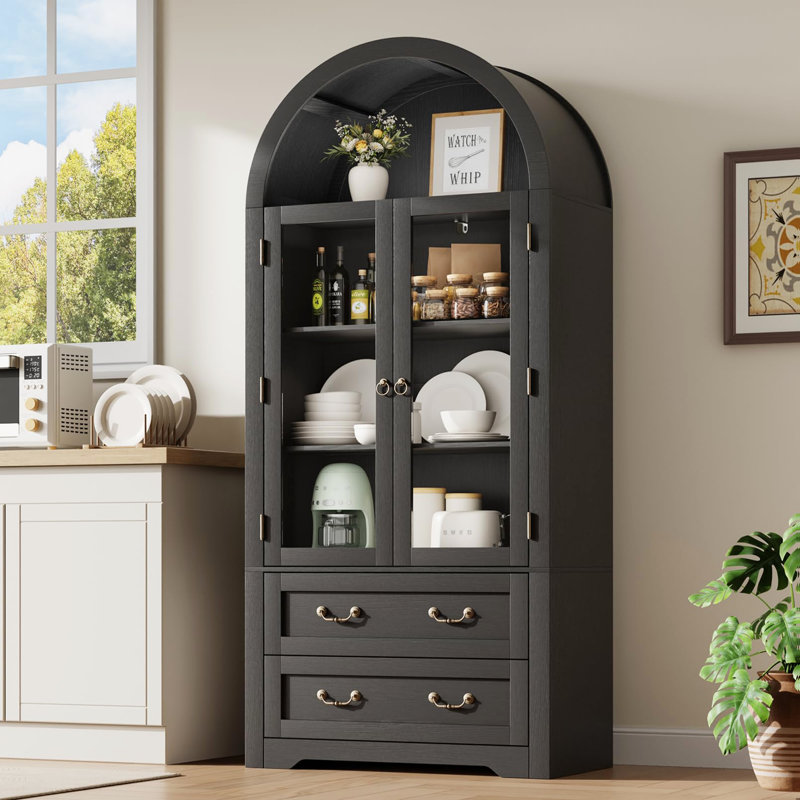 Black Arched Display Cabinets, 71'' H Tall Storage Cabinet With Glass Doors & Adjustable Shelves, For Dining Room, Black