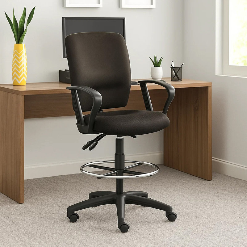 Tabouret de dessin pivotant Jea, siège inclinable, accoudoirs bouclés, crêpe noire