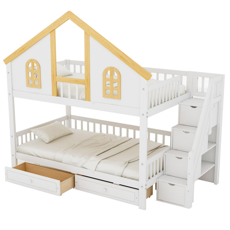 Lit superposé simple pour enfants, bois massif blanc et naturel et panneau de fibres à densité moyenne, structure de maison avec escalier de rangement