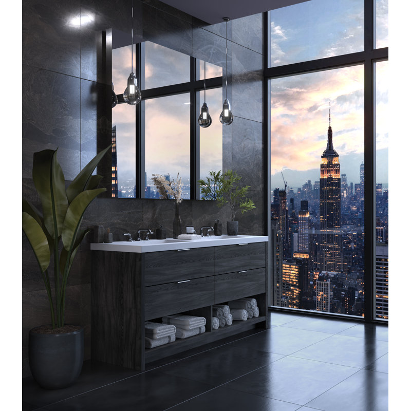 Vue 72" W Freestanding Double Bathroom Vanity, Charred, Polished Nickel, Matte White/8" Widespread