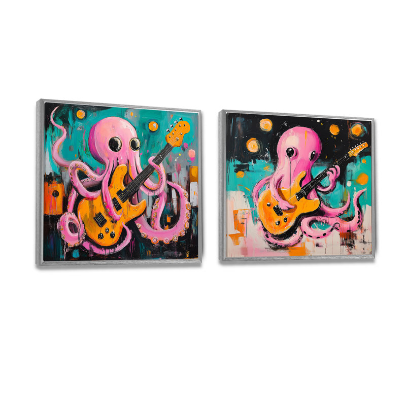 Pépinière rose jouant de la guitare I - pieuvre / calmar, art mural moderne, ensemble de 2 décorations murales, Argent argent
