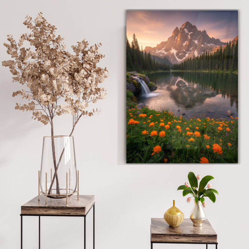 Tableau mural en verre trempé Lever du soleil sur un lac de montagne, H 36 po x l 24 po