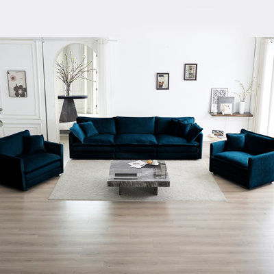 Moderne 3 avec chenille bleue - construction en bois, mousse confortable, fauteuil d'appoint pour salon 3 pièces en chenille, base, siège confortable
