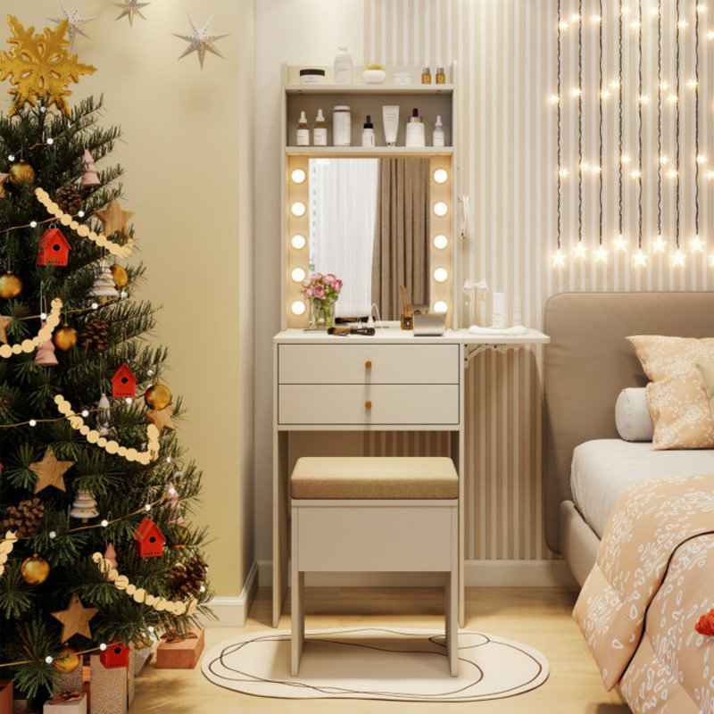 Compact Vanity Desk Set with 3-Color Lighted Mirror and Power Outlets
