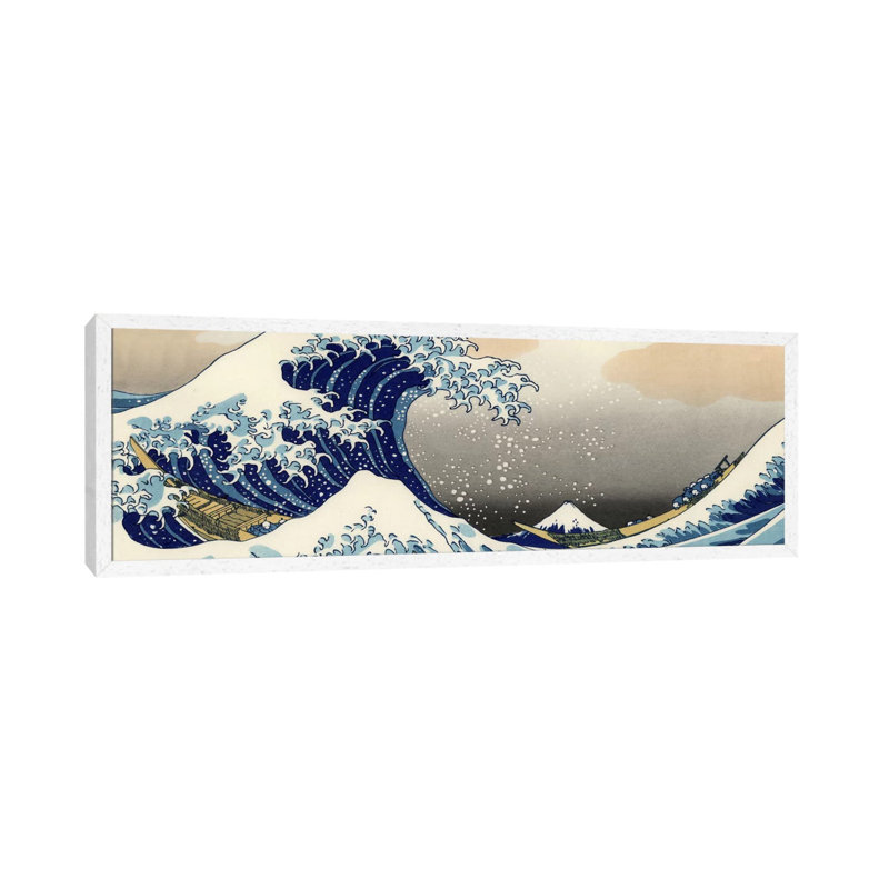 The Great Wave At Kanagawa by Katsushika Hokusai - Panoramic Painting on Canvas, White Floater Framed, 152.4 cm H x 50.8 cm W