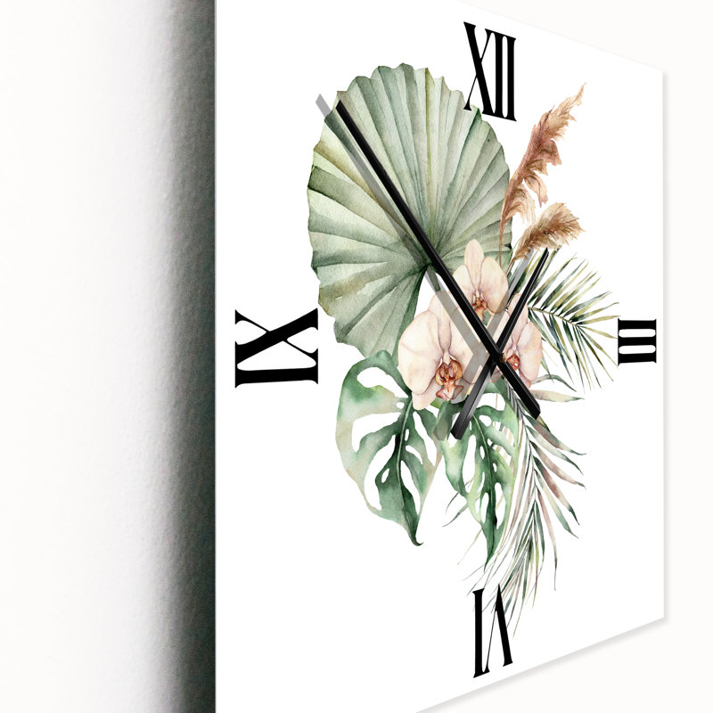 Horloge murale avec bouquet tropical et orchidées, Très grand