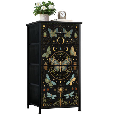Commode pour la chambre à coucher avec 4 tiroirs de rangement Académie noire gothique noir Papillons de nuit Papillons et libellules Étoiles Commodes Commode en tissu avec cadre en acier pour vestibule