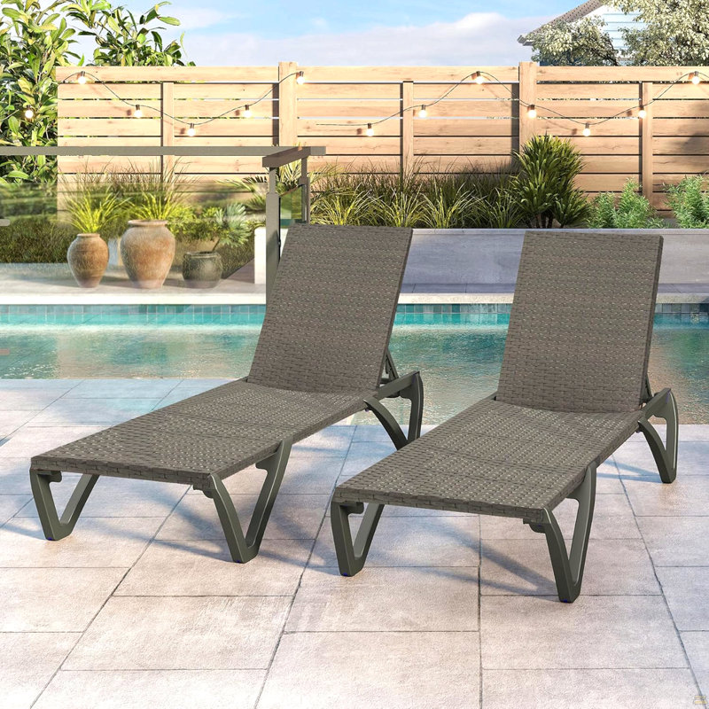 Pool Lounge Chairs Set Of 2, Wicker Adjustable Outdoor Chaise Lounge With Wheels