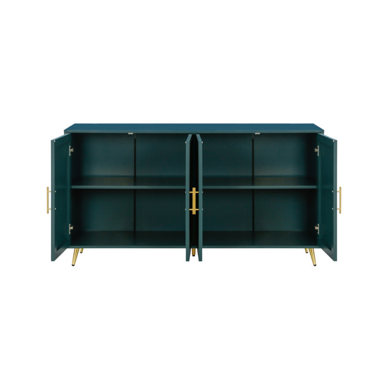 Meuble télé en bois rétro avec armoire de rangement, tablettes réglables et pieds élégants plaqués or pour les espaces de vie modernes