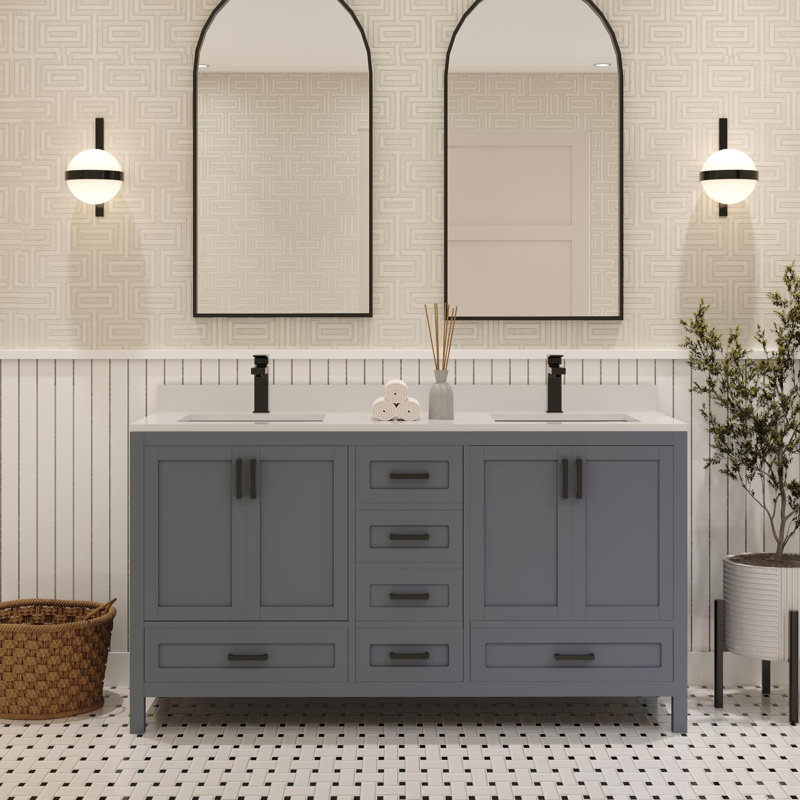 Rooh 60'' Double Bathroom Vanity with White Quartz Top, Grey, Matte Black