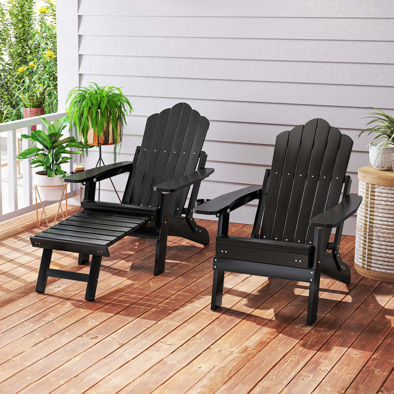 Patio Adirondack Chair All-weather Hips Lounge Chair With Retractable Footrest, Black