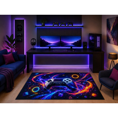 "Ultra léger" 5 pi x 7 pi Cosmic Neon Gaming contrôleur tapis abstrait espace galaxie art Gamer chambre salle de jeu adolescent chambre décor antidérapant silicone envers faible