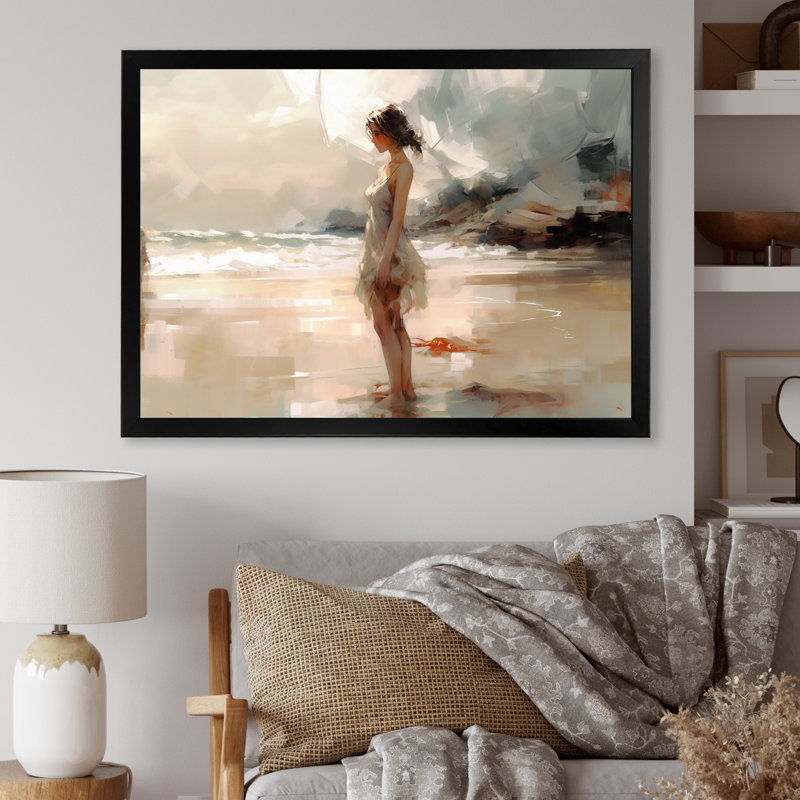 Art féminin, "Femme au bord de l'océan", H 12 po x l 20 po x P 1 po, Cadre photo noir