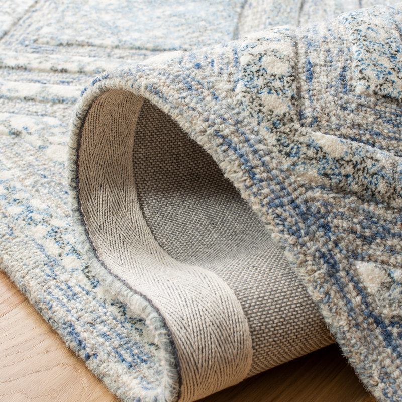 Tapis bleu / blanc en laine / viscose touffeté à la main Restoration, Tapis de couloir 2 pi 3 po x 8 pi