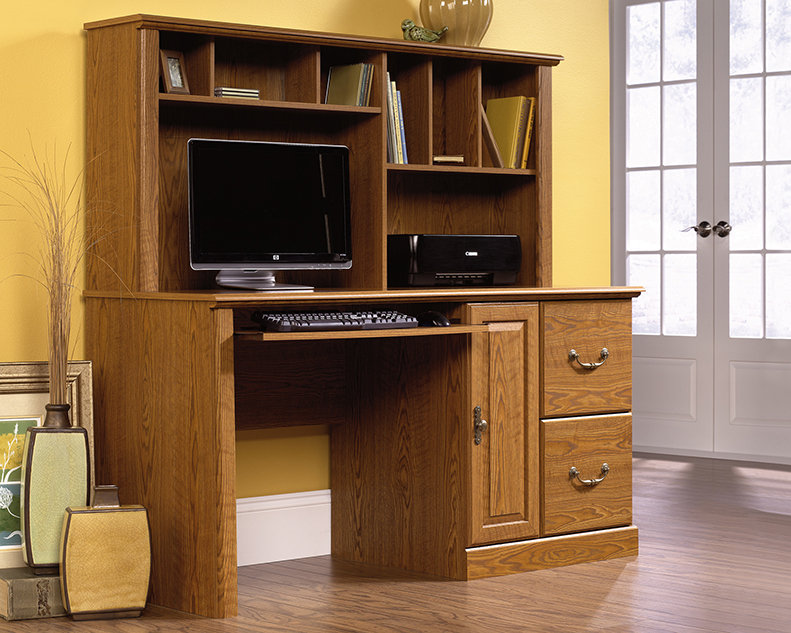 Carolina Oak Medium Wood Computer Desk with Hutch and Filing Cabinet