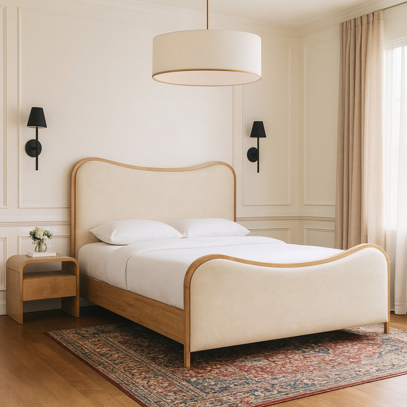 Lit tapissier Arvada, Grand, Crème végétalien en cuir / brossé naturel