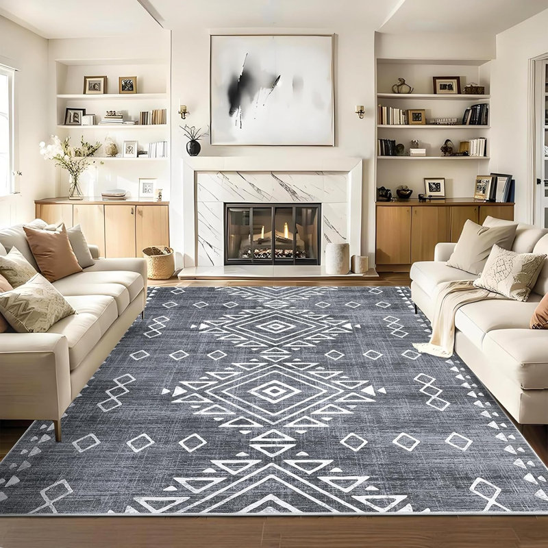 Geometric Vintage Hallway Runner Rug, Machine Washable Non-Slip Low Pile, Distressed Tribal Carpet for Entryway, Red