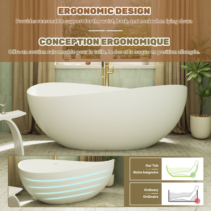 CASAINC 63" Solid Surface Freestanding Soaking Bathtub With Drain