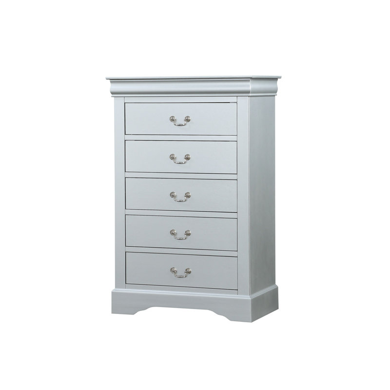 Commode 5 tiroirs avec poignées en métal, Argent argent