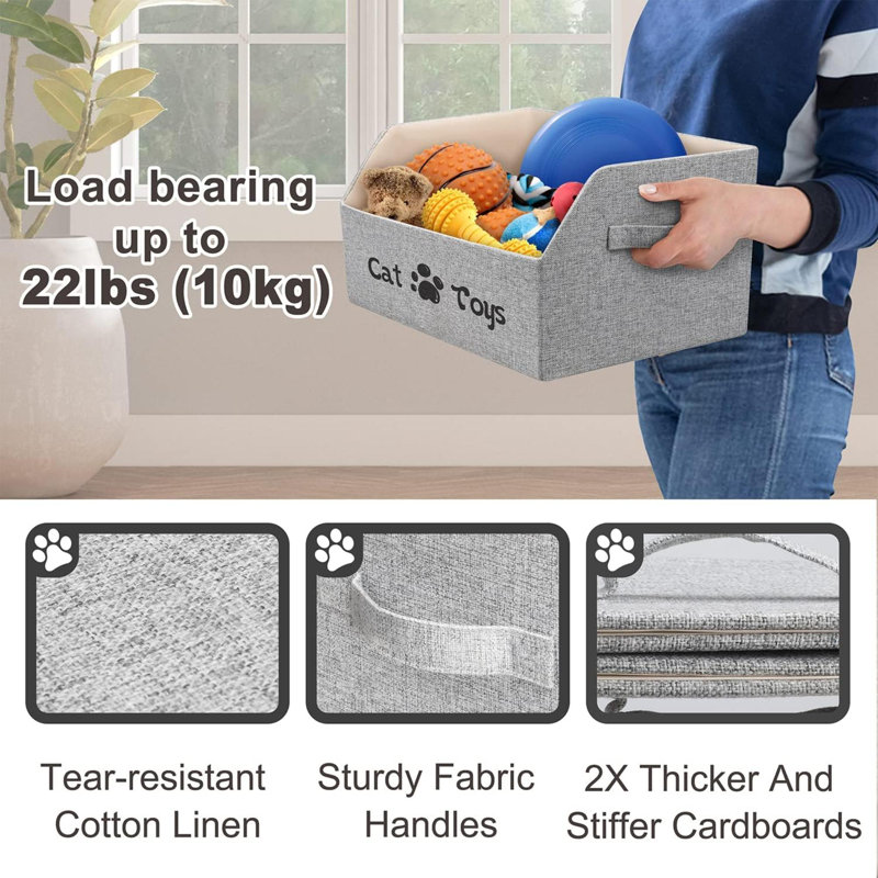 2X Thicker Large Cat Toy Bin Collapsible Cat Toy Box Sturdy Cat Toy Basket Kitten Toy Storage Bed For Organizing Cat Toys Treats Clothes And Accessories