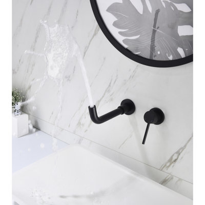 Robinet de lavabo de salle de bain mural en noir mat, poignée à levier unique pour un réglage simple du débit d'eau, drain escamotable, à la corrosion avec robinet en laiton de qualité et en acier inoxydable noir, sans effort