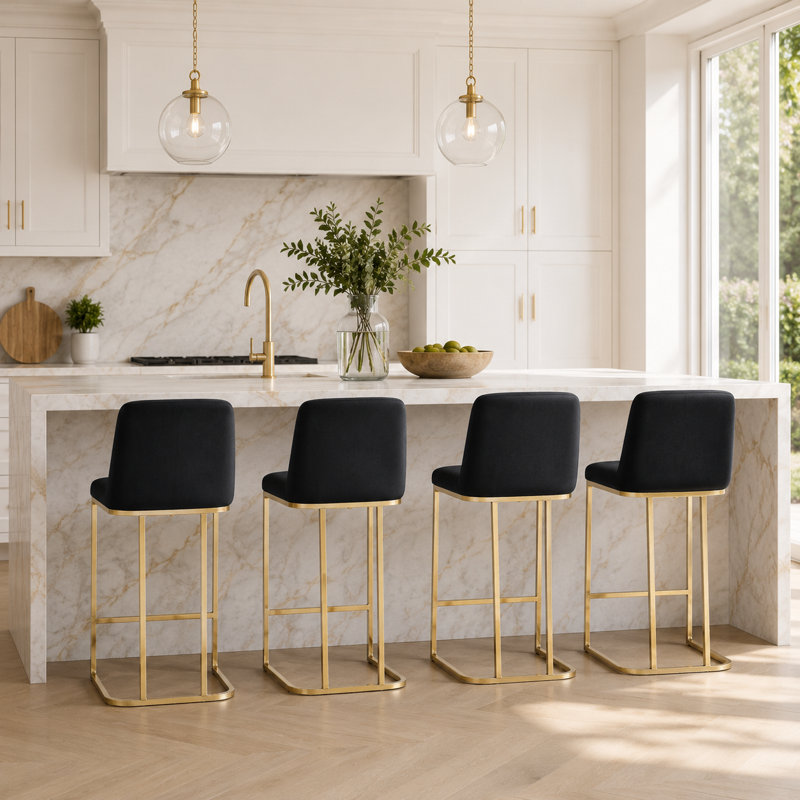 Set of 3 Upholstered 24'' Height Counter Stools With Metal Frame, Black, 3 Pieces