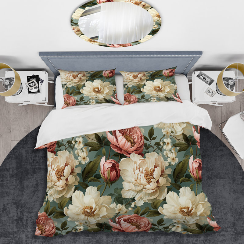 Ensemble de housse de couette Antique Pivoines, Housse de couette simple + 1 taie décorative stan