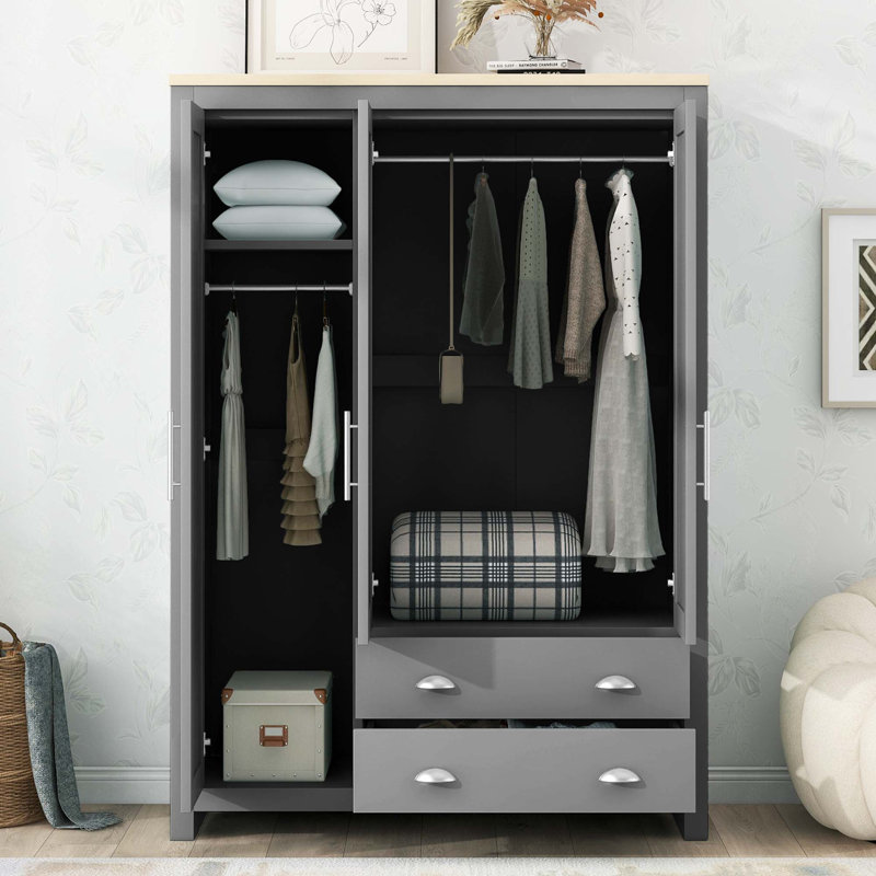 Armoire de rangement à 3 portes avec armoires et deux tringles de suspension