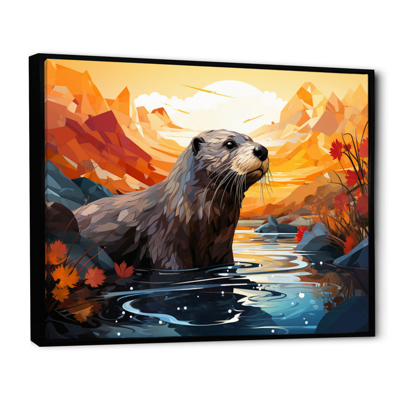 «Yellow Otter Playful River Dweller» sur toile, Cadre flottant noir, H 16 po x l 32 po x P 1 po