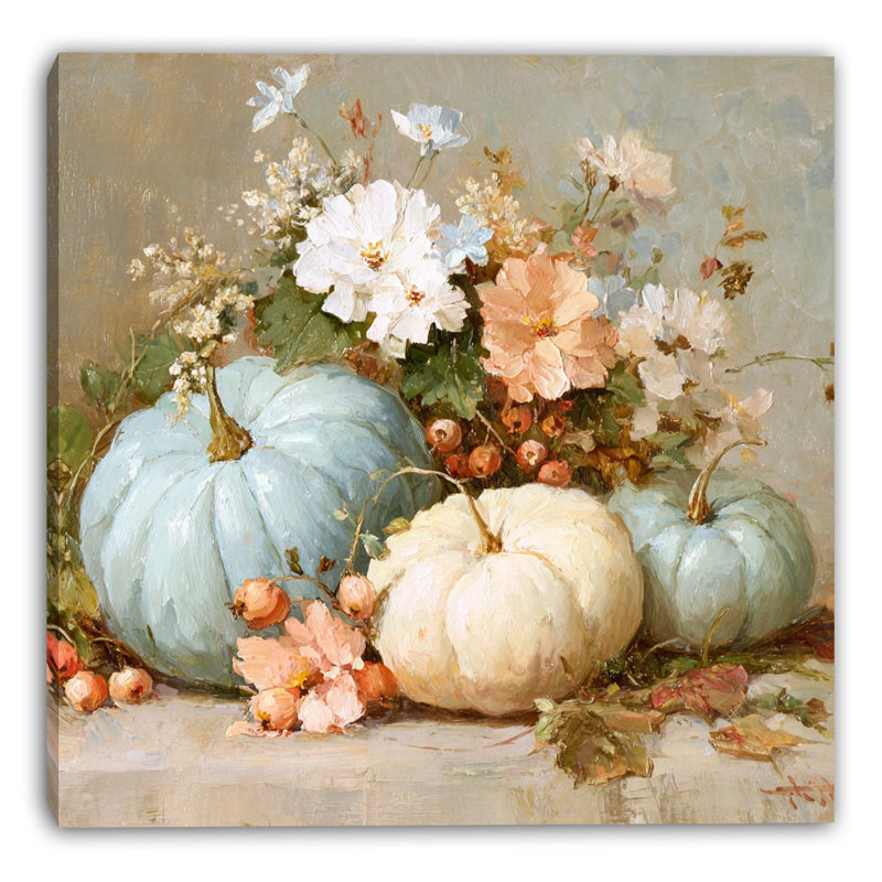 «Pastel Pumpkins and Blossoms», art mural sur toile tendue, H 20 po x l 20 po