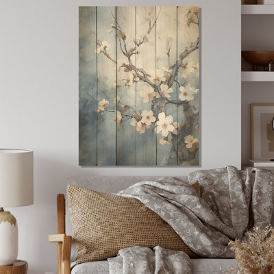 Blue And Grey Cherry Blossoms Sapphire - Cherry Wood Wall Art On Natural Pine Wood