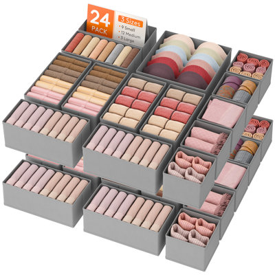 Drawer Organizer Clothes For Closet 24 Pack, 3 Sizes Underwear Wardrobe Drawer Dividers, Fabric Foldable Dresser Storage Organizer Bins For Sock, Bra, Lingerie, Undies