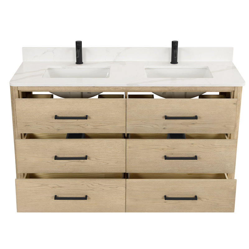 Meuble-lavabo double autoportant 60 po avec plateau en quartz Calacatta Porto, Chêne naturel, Noir mat