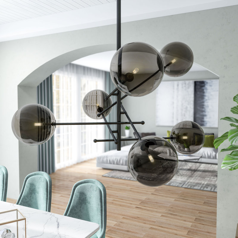 Mid-Century Modern Black Sputnik Chandelier with Smoked Glass Globes